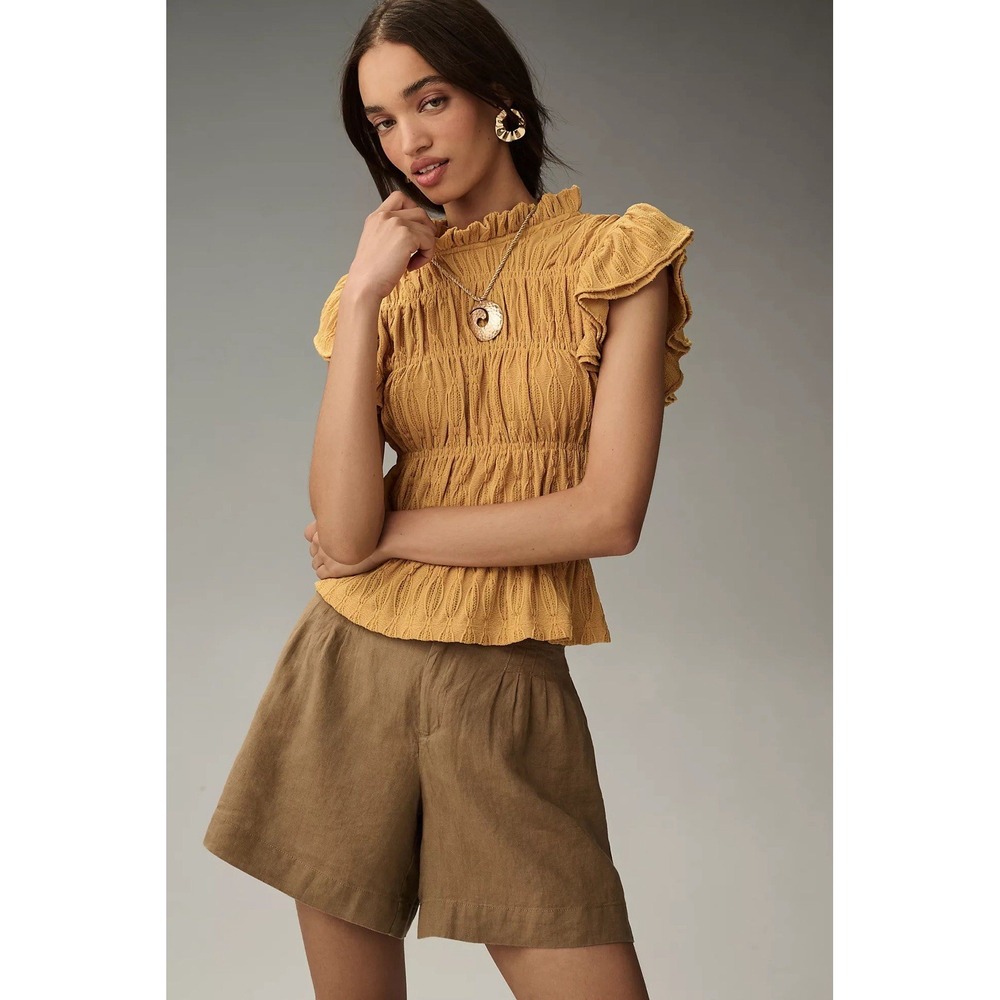 NWT Anthropologie Blue Tassel Smocked Flutter Sleeve Top Mustard Yellow Large L